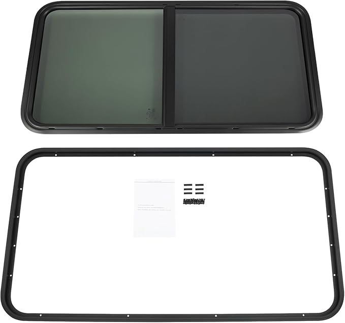 42" W x 22" H RV Window Horizontal Sliding, DOT Certified - Shatterproof Tempered Tinted Glass, with Net Screen and Trim Ring, Teardrop Replacement Trailer Camper Window