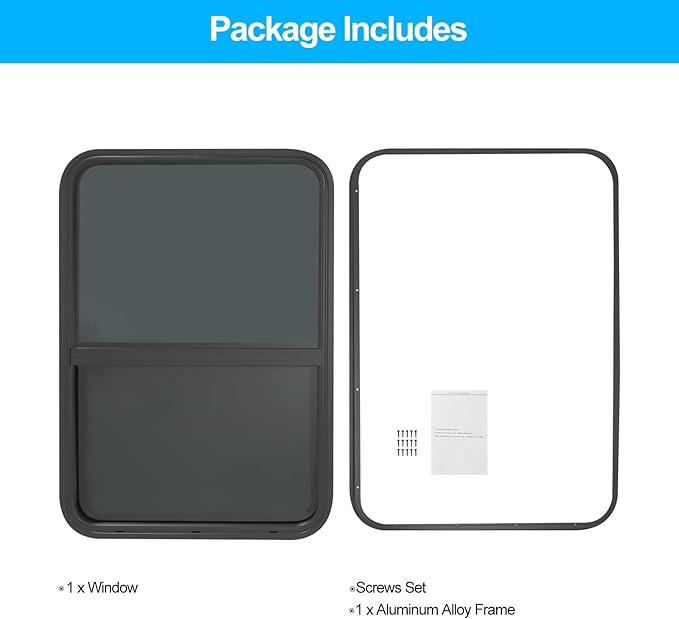 24" W x 36" H RV Window Vertical Sliding, DOT Certified - Shatterproof Tempered Tinted Glass, with Net Screen and Trim Ring, Teardrop Replacement Trailer Camper Window