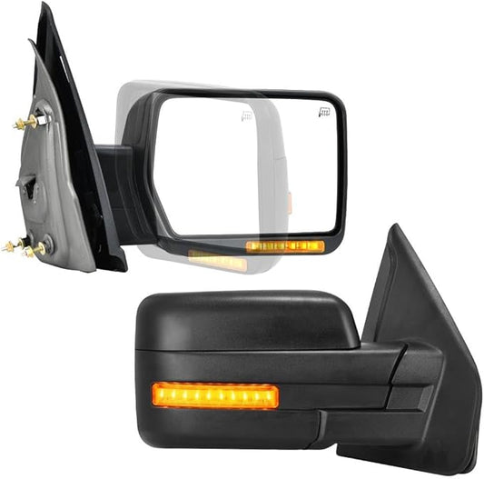 DWVO Towing Mirror Compatible with 2004-2014 Ford F150 Manual Folding Power Control Heated Rear LED Turn Signal Puddle Light Side Mirror Black