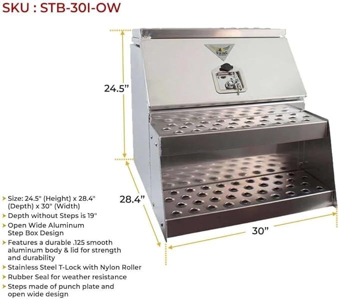Mytee Products 24.5"x28.4"x30" Aluminum Side Mount Semi Truck Tool Box with Saddle Step Open Wide Design & T-Handle Latch Lock - Heavy Duty Weather Tight Step Tool Box for Flatbed Trailer