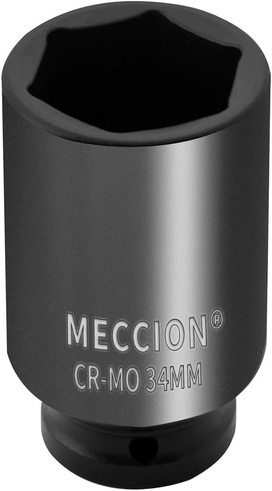 Meccion 1/2 Inch Drive Impact Socket 34mm Metric, 6 Point Cr-Mo Deep Impact Socket, 78mm Length