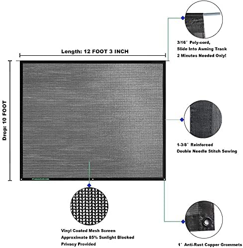 Tentproinc RV Awning Sun Shade Screen 10'X12'3'' (Fit for 13' Awning) Mesh Screen Sunshade Camper Trailer Awning Shadescreen UV Blocker Complete Kits - 3 Year Warranty (Black)