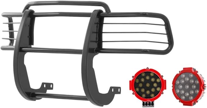Black Horse Grille Brush Bumper Guard Modular Black Come with Pair of 7.0" Dia.LED Lights with Red Trim Rings Compatible with 1996-1998 Toyota 4Runner|1998-2000 Toyota Tacoma-17T80202MA-PLR
