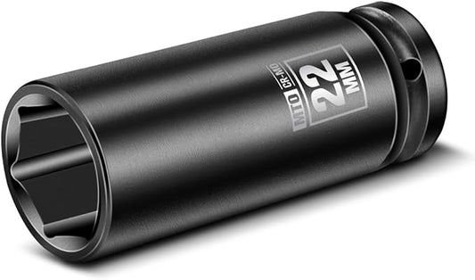 MTO 1/2" Drive 22mm Deep Impact Socket, 6 Pt. Metric Socket, CR-MO Steel & Anti-Corrosion Coating for Heavy-Duty Use