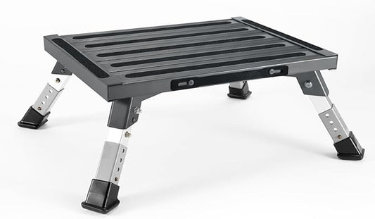 XINQIAO Foldable RV Step Stool with Rubber Feet, 4 Adjustable Heights Portable Heavy Duty Aluminum Folding Step for RV Entry, Trailer, Camper, Fishing and Outdoors