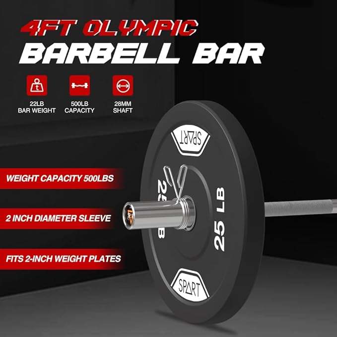 4FT Olympic Barbell Bar, 47Inch Straight Weight Bar with 2 Collars, Solid Olympic Bar with Bearings, 500Lbs Capacity Weightlifting Bar for Home Gym Strength Training, Suitable for 2 Inch Plates