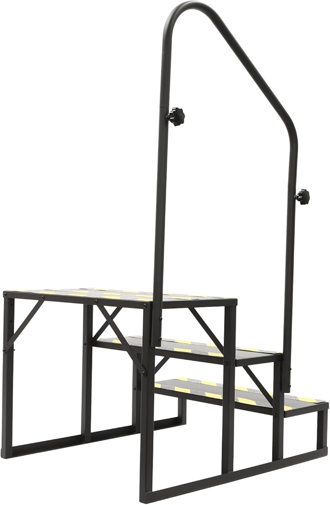 Hot Tub Steps with Single Sided Handrail, Premium RV Steps with Reflective Strips & Mounting Holes On Both Sides, 3 Step RV Stairs for RV, Camper, or Travel Trailer