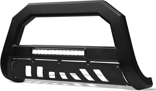 Matte Black AVT Style Aluminum LED Light Bull Bar Brush Push Front Bumper Grill Grille Guard with Skid Plate Compatible with 07-09 Jeep Wrangler JK