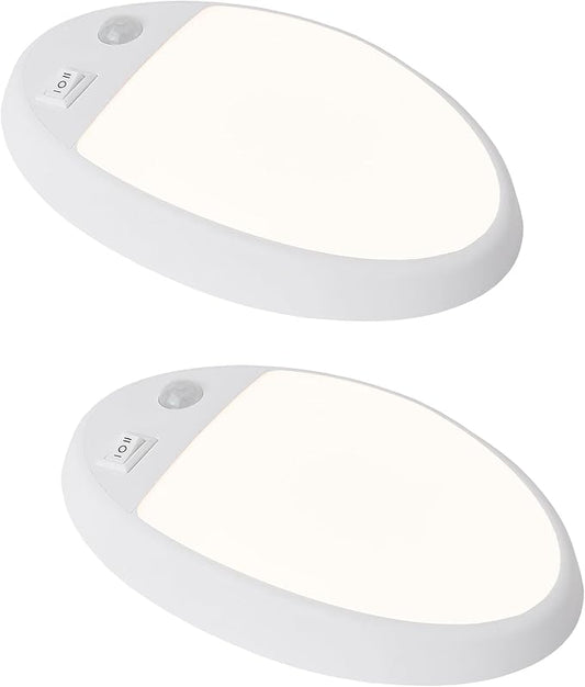 Facon 2Pack 12V DC RV Interior Light with PIR Motion Sensor & 3-Way Switch - Small Oval Pancake Ceiling Dome Light, 4000K Cool White, ETL Listed for RV, Motorhome, Camper, Boat