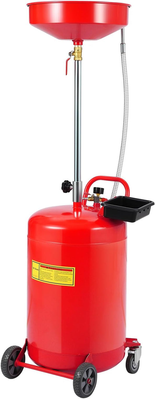 20 Gallon Waste Oil Drain Tank Portable Air Operated Oil Drainer with Adjustable Funnel Height 38 to 65 Inches 15 Inch Funnel Fluid Fuel Transfer Drain Container with 360 Degree Wheels and Toolbox Red
