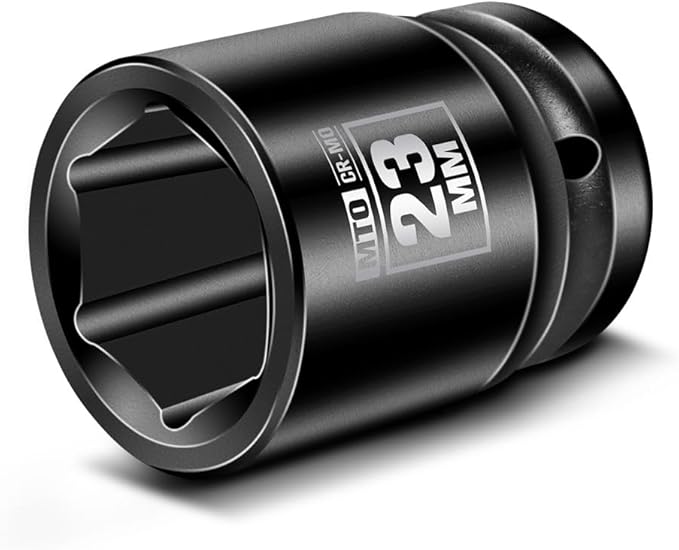 MTO 1/2" Drive 23mm Shallow Impact Socket, 6-Point Metric Socket, CR-MO Steel & Anti-Corrosion Coating for Tight Spaces and Heavy-Duty Tasks