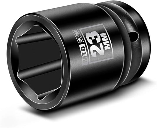 MTO 1/2" Drive 23mm Shallow Impact Socket, 6-Point Metric Socket, CR-MO Steel & Anti-Corrosion Coating for Tight Spaces and Heavy-Duty Tasks