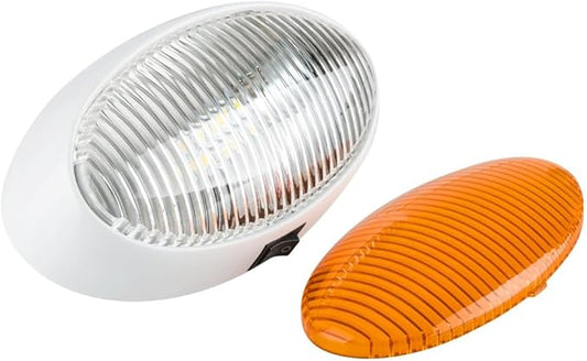 Lumitronics RV 12V LED Oval Porch Utility Light with On/Off Switch, Clear & Amber Lenses For Motorhomes, Campers, Trailers, 5th Wheels (White)