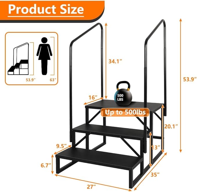 LUCKUP 3 Step RV Stairs with Handrails- Non Slip Hot Tub Steps Portable Mobile Home Stairs for RV, Travel Trailer, Camper Outdoor (Black)