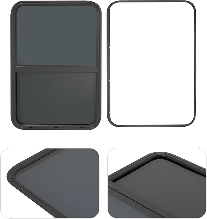 RV Window, Teardrop Vertical Slide Black RV Window, 24" W X 36" H Vertical Sliding Window Camper Trailer Window Vertical Sliding Replacement Glass W/Trim Ring, Universal RV Window