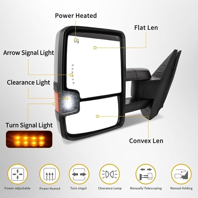 DWVO Towing Mirror Set of 2 Fits for 2007-2013 Chevy Silverado/Sierra/Tahoe/Suburban, Side Mirror with Power-Heated, LED Signal & Foldable Design, Direct Fit Rear View Mirror, Black