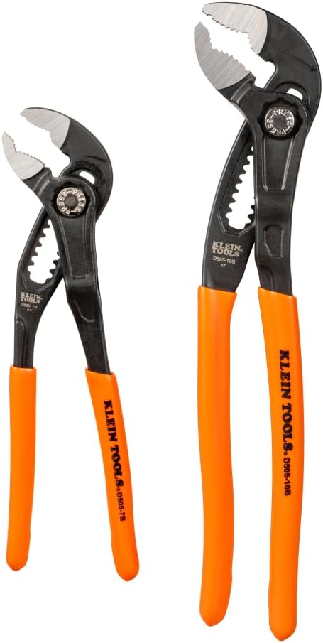 Klein Tools D5052BKIT 2-Piece Adjustable Pliers, Quick-Adjust Klaw Pump Pliers Set, 7-Inch and 10-Inch, Compact Design with V-Jaw and Hardened Teeth for Maximum Torque