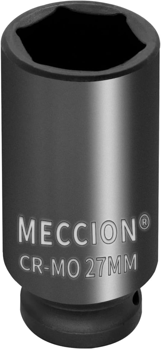 Meccion 1/2 Inch Drive Impact Socket 27mm Metric, 6 Point Cr-Mo Deep Impact Socket, 78mm Length