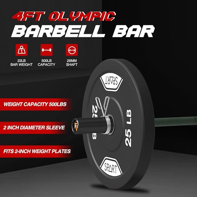 4FT Olympic Barbell Bar, 47Inch Straight Weight Bar with 2 Collars, Solid Olympic Bar with Bearings, 500Lbs Capacity Weightlifting Bar for Home Gym Strength Training, Suitable for 2 Inch Plates