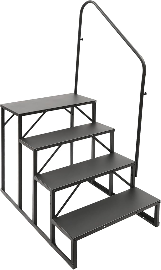 RV Stairs W/Handrail, 4 - Step Stair Hot Tub Steps Swimming Pool Ladder Above Ground, Universal Portable Mobile Home Steps with Handrail for Outdoor