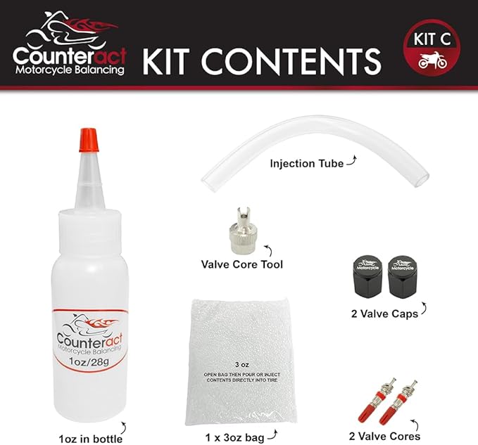 Counteract KIT-C Motorcycle Do It Yourself Tire/Wheel Balancing Beads Kit - (1) 1oz (1) 3oz DIY Bead Bags, (2) Valve Caps and Cores, (1) Core Remover, Injector Bottle
