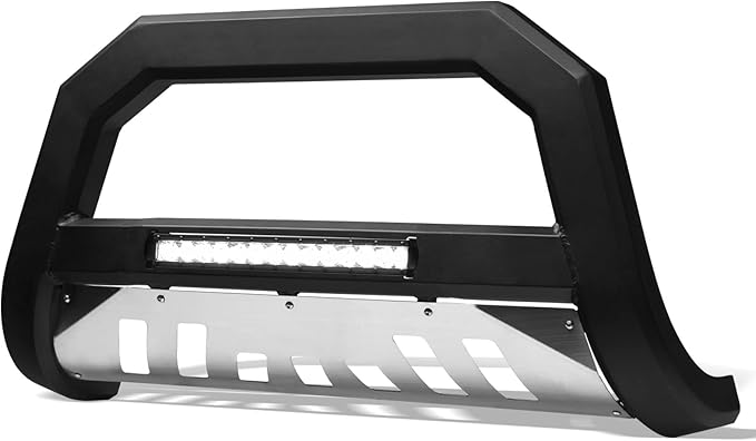 Matte Black AVT Style Aluminum LED Light Bull Bar Brush Push Front Bumper Grill Grille Guard With Stainless Skid Plate Compatible With 19-21 Chevy Silverado GMC Sierra 1500/2022 LTD Limited