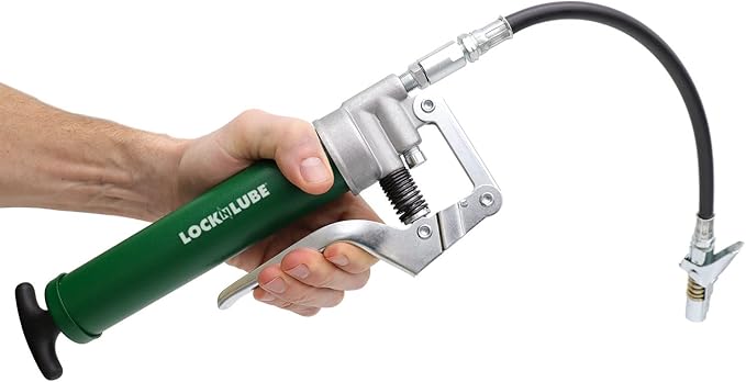 LockNLube Mini Grease Gun Kit. Includes Our Patented Grease Coupler (Locks on, Stays on, Won't Leak!) Plus a 12 Hose and in-line Hose Swivel.