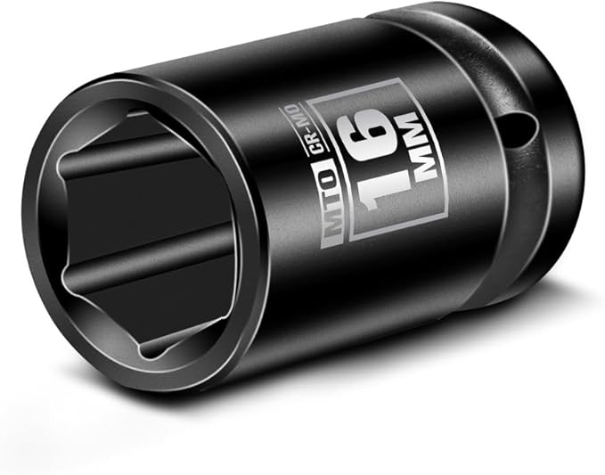 MTO 1/2" Drive 16mm Shallow Impact Socket, 6-Point Metric Socket, CR-MO Steel & Anti-Corrosion Coating for Tight Spaces and Heavy-Duty Tasks