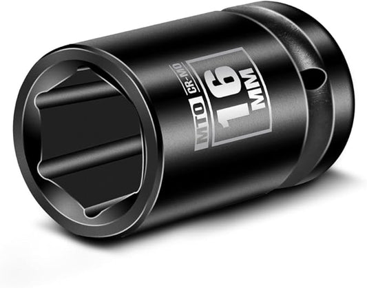 MTO 1/2" Drive 16mm Shallow Impact Socket, 6-Point Metric Socket, CR-MO Steel & Anti-Corrosion Coating for Tight Spaces and Heavy-Duty Tasks