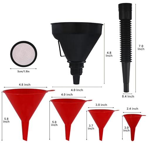 5 Pcs Automotive Funnels Set, Wide Mouth Fuel Funnel, Plastic Long Neck Oil Funnel, Flexible Right Angle Funnels, with Detachable Spout and Filter for Water/Gasoline/Coolant/Engine Oil