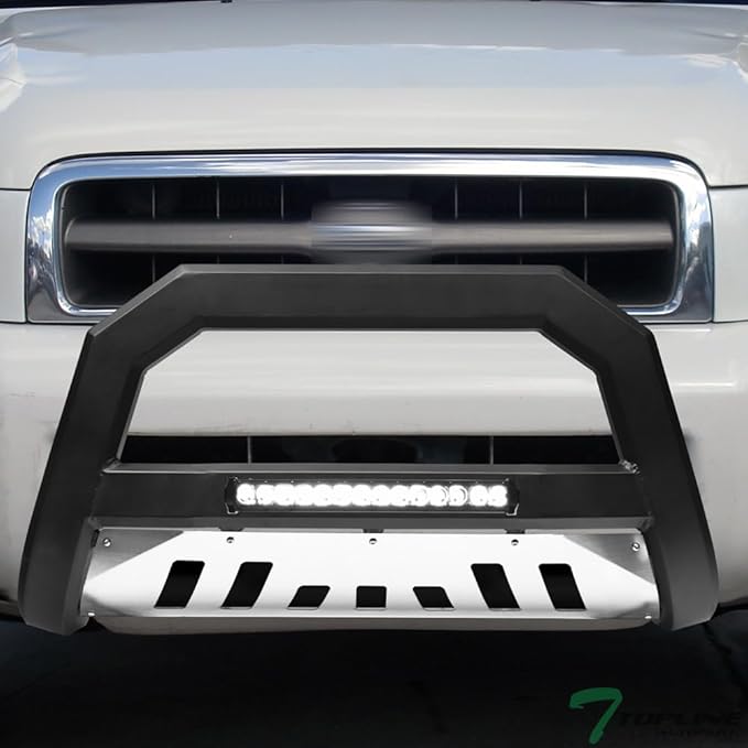 Matte Black AVT Style Aluminum LED Light Bull Bar Brush Push Front Bumper Grill Grille Guard With Stainless Skid Plate Compatible With 99-04 Pathfinder