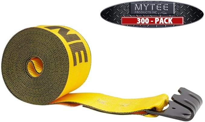 Mytee Products (300 Pack) Kinedyne Pallet Winch Straps 4" x 30' Gold Heavy Duty Tie Down w/Flat Hooks WLL# 5400 lbs | 4 Inch Cargo Control for Flatbed Truck Utility Trailer
