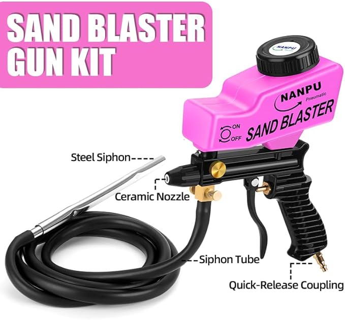 NANPU Light-Duty Air Sandblaster Gun Kit with Siphon & Gravity Feed, Ceramic Nozzle, Metal Body, for Small Project Surface Prep, Paint & Rust Removal, Metal/Wood/Glass Etching, Requires Air Compressor