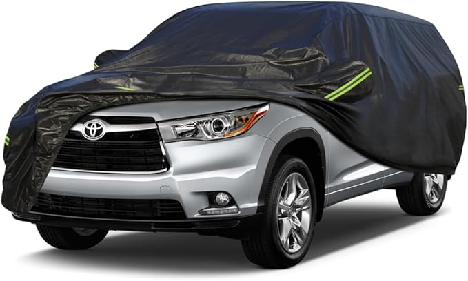 KouKou Waterproof SUV Car Cover Suitable for Toyota Highlander from 2007 to 2025, 7 Layers Windproof All Weather Waterproof Outdoor Cover Sun Rain UV Dust Snow Protection. Black