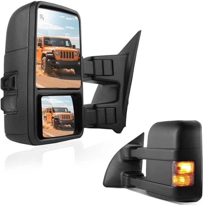 DWVO Tow Mirrors Compatible with 1999-2007 Ford F250 F350 F450 F550 Super Duty & 2000-2005 Ford Excursion, Electric Heated Rear View Side MirrorsSmoke LED Turn Signals, Black