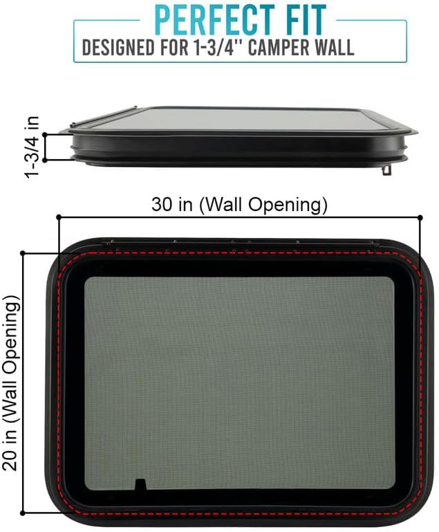 ProFlex RV Emergency Exit Window 30” W X 20” H – Heavy Duty Ultra Thick Tempered Glass, RV Camper Windows Replacement with Trim for 1-3/4’’ Wall Thickness – Easy Installation, DOT Certified