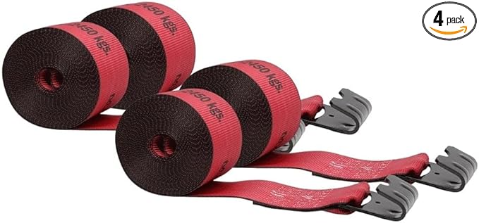 Mytee Products Kinedyne Winch Straps 4" x 30" Red Heavy Duty Tie Down with Flat Hooks WLL# 5400 lbs | 4 Inch Cargo Control for Flatbed Truck Utility Trailer (4 Pack)