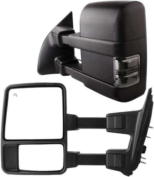 DWVO Tow Mirrors for 2008-2016 Ford F-250/F-350/F-450/F-550 Super Duty, Rear View Towing Mirror, Electric Heated Telescoping Side Mirrors with LED Turn Signals, Power Folding, Left & Right Pair, Black
