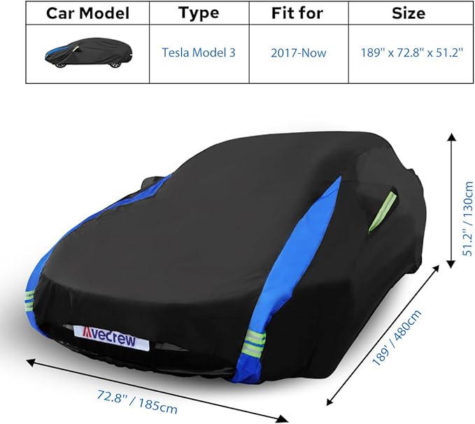 Avecrew Car Cover for Tesla Model 3 2017-2025, Custom Fit Full Exterior Cover with Charging Port and Breathable Ventilation Mesh, Waterproof All Weather Outdoor Rain Snow Sun Protection Cover
