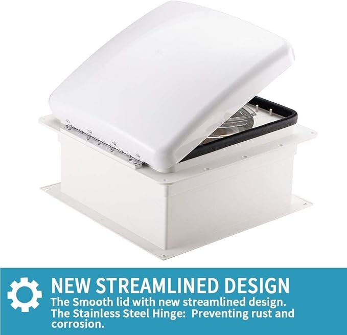 12V RV Roof Fan Vent 14'' 10-Speed Reversible Manual Lift Trailer Camper Van Lid (White)…