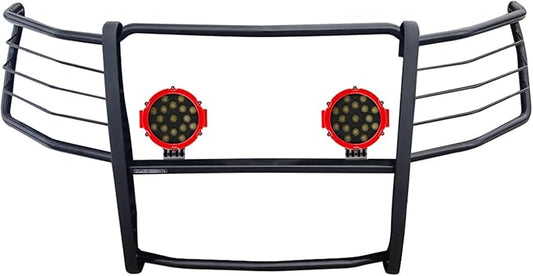 Black Horse Grille Brush Bumper Guard Modular Black Come with Pair of 7.0" Dia.LED Lights with Red Trim Rings Compatible with 2019-2021 Silverado 1500|2022-2022 Silverado 1500 LTD -17GT29MA-PLR