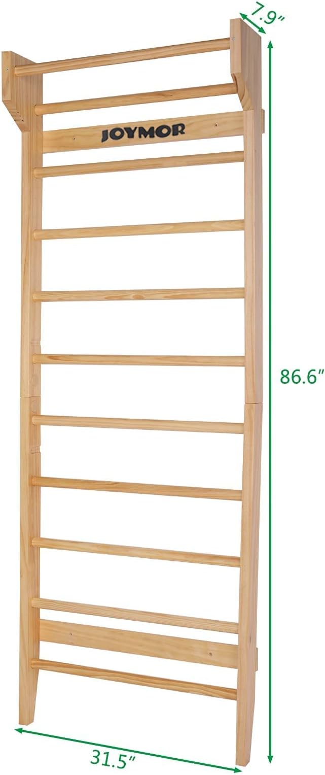 JOYMOR Gymnastics Swedish Ladder, Multiuse Exercise Ladder, Wall Mounted Pull Up Bar, Physical Therapy for Stretching and Various Exercises, Indoor Gym Workout Yoga (Wood Stall Bar)