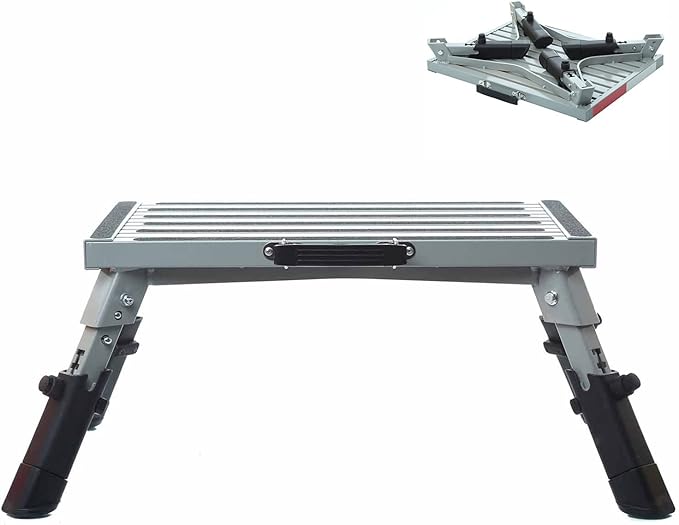 Homeon Wheels RV Step Stool, Adjustable Height Aluminum Folding Platform 16.5" x 12" with Non-Slip Rubber Feet, Reflective Stripe, Handle, RV T Level, 1000 lbs, for Trailer, Truck, Outdoor