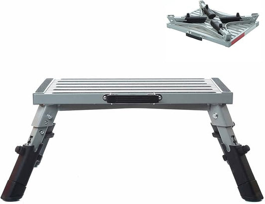 Homeon Wheels RV Step Stool, Adjustable Height Aluminum Folding Platform 16.5" x 12" with Non-Slip Rubber Feet, Reflective Stripe, Handle, RV T Level, 1000 lbs, for Trailer, Truck, Outdoor