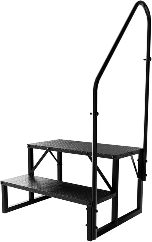 RV Steps with Handrail, Hot Tub Steps Outdoor, 2 Step Ladder Stool, RV Stairs with Anti-Slip Panel, Camper Steps for Spa, Travel Trailers, Pool and Porch