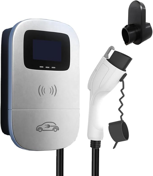 Smart EV Level 2 Charger, Electric Vehicle Charging Station, 110V-240V 32A Home Charger with LCD Display, Type 1 SAE J1772 Wall Connector, Hardwired Charger for Electric Car