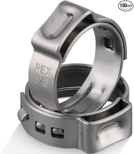 150 Pack 1/2 Inch Pex Clamps,304 Stainless Steel Pex Cinch Clamps Stepless Pex Crimp Rings PEX fittings Pinch Clamps,Single Ear Hose Clamps for Pex Tubing Pipe