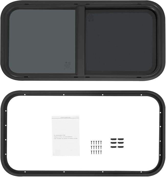 RV Window, Teardrop Horizontal Slide Black RV Window, Universal RV Window 30" W x 15" H Horizontal Sliding Window Camper Trailer Window Horizontal Sliding Replacement Glass W/Trim Ring