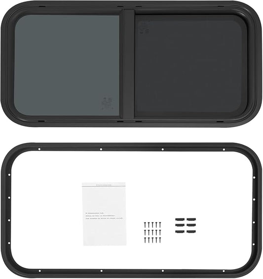 RV Window, Teardrop Horizontal Slide Black RV Window, Universal RV Window 30" W x 15" H Horizontal Sliding Window Camper Trailer Window Horizontal Sliding Replacement Glass W/Trim Ring