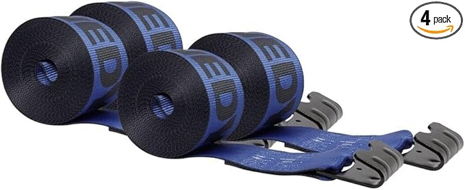 Mytee Products Kinedyne Winch Straps 4" x 30" Blue Heavy Duty Tie Down w/Flat Hooks WLL# 5400 lbs | 4 Inch Cargo Control for Flatbed Truck Utility Trailer (4 Pack)
